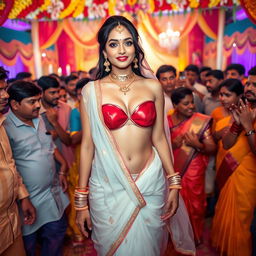 An elegant Indian bride wearing a stunning strapless bikini beneath a transparent saree that gracefully drapes over her figure, highlighting her beautiful curves and big cleavage