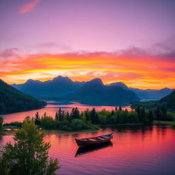 A breathtaking landscape showcasing a vibrant sunset over a tranquil lake, with colorful reflections on the water