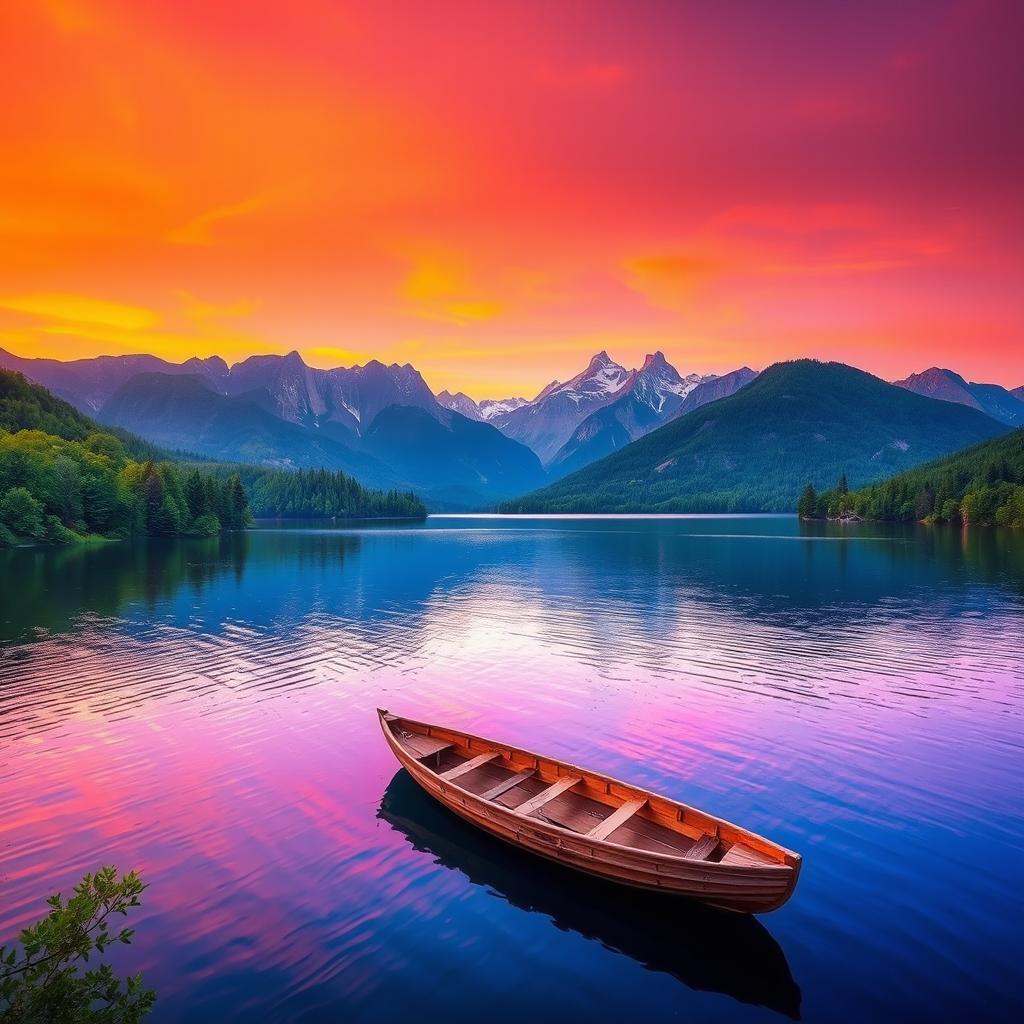 A breathtaking landscape showcasing a vibrant sunset over a tranquil lake, with colorful reflections on the water