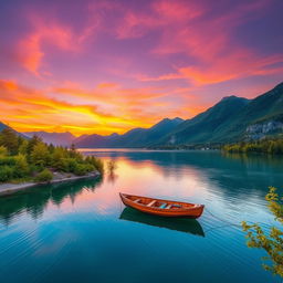 A breathtaking landscape showcasing a vibrant sunset over a tranquil lake, with colorful reflections on the water