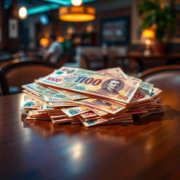 A stunning visual representation of 10,000 bolivianos (Bs) in an artistic setting, featuring a pile of vibrant boliviano banknotes in various denominations, elegantly arranged on a polished wooden table