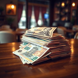 A stunning visual representation of 10,000 bolivianos (Bs) in an artistic setting, featuring a pile of vibrant boliviano banknotes in various denominations, elegantly arranged on a polished wooden table