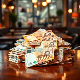A stunning visual representation of 10,000 bolivianos (Bs) in an artistic setting, featuring a pile of vibrant boliviano banknotes in various denominations, elegantly arranged on a polished wooden table