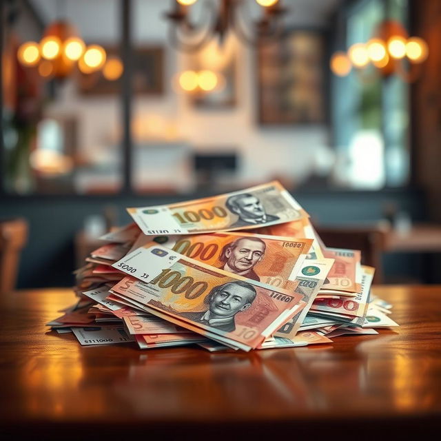 A stunning visual representation of 10,000 bolivianos (Bs) in an artistic setting, featuring a pile of vibrant boliviano banknotes in various denominations, elegantly arranged on a polished wooden table