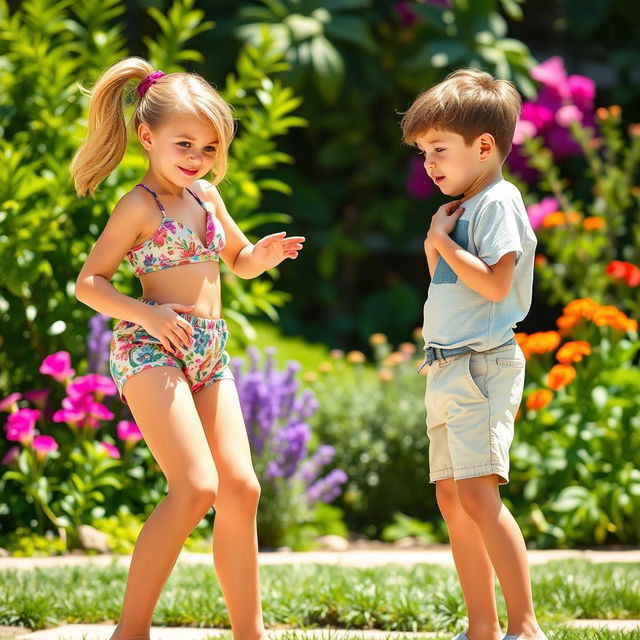 A dynamic scene of a girl playfully setting up a boy in a vibrant outdoor setting