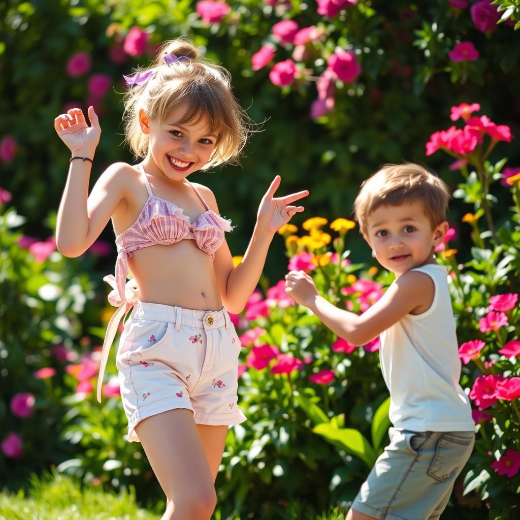 A dynamic scene of a girl playfully setting up a boy in a vibrant outdoor setting
