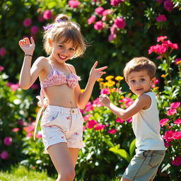 A dynamic scene of a girl playfully setting up a boy in a vibrant outdoor setting