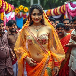 A sultry Indian bride wearing an eye-catching strapless bikini layered beneath a vibrant and colorful transparent saree that elegantly drapes around her, accentuating her big cleavage and voluptuous breasts