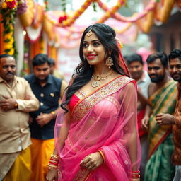 A sultry Indian bride wearing an eye-catching strapless bikini layered beneath a vibrant and colorful transparent saree that elegantly drapes around her, accentuating her big cleavage and voluptuous breasts