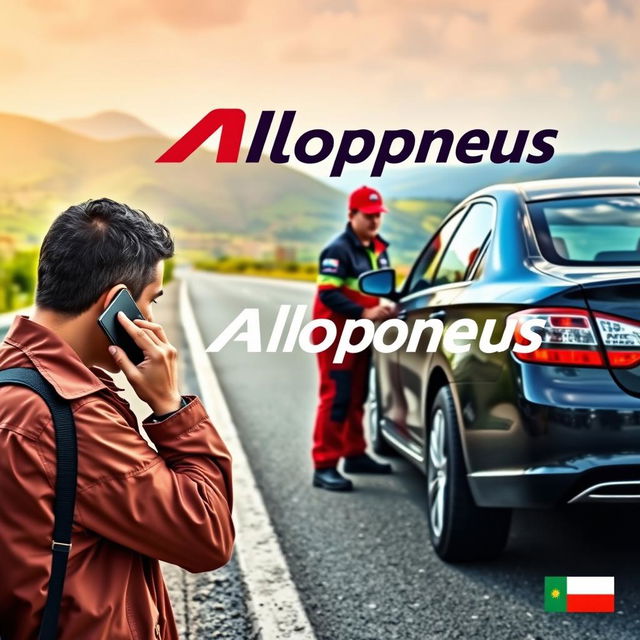 A vibrant advertising poster for the company Allopneus featuring a scene on the road where several workers in branded uniforms are changing the tires of a car