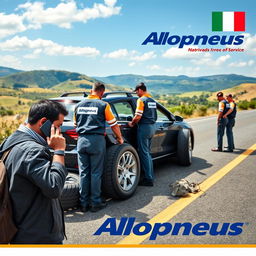 A vibrant advertising poster for the company Allopneus featuring a scene on the road where several workers in branded uniforms are changing the tires of a car