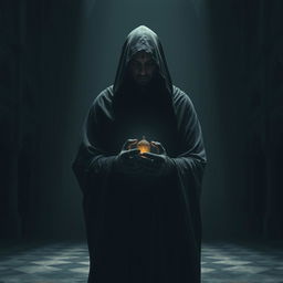 An enigmatic figure cloaked in dark, flowing fabric stands in a shadowy palace court