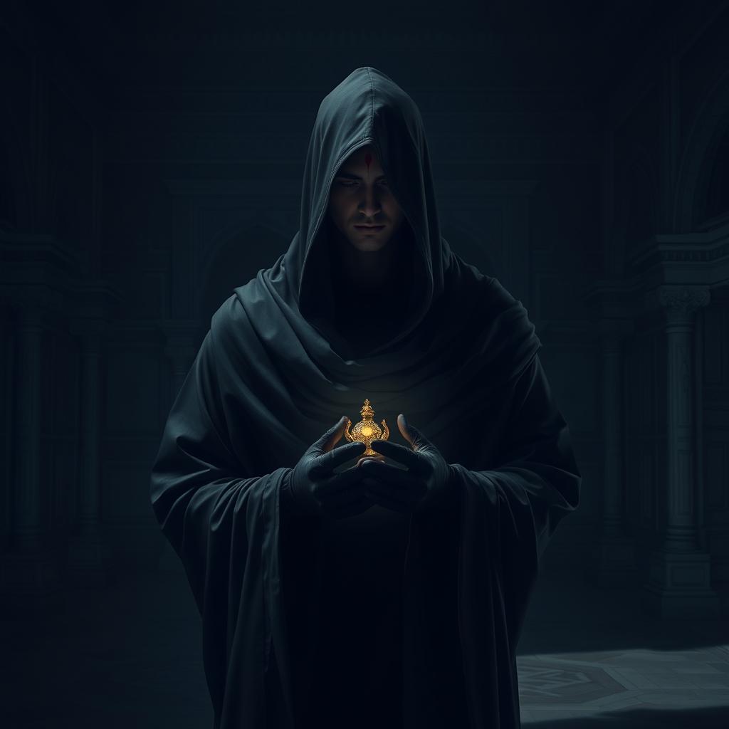 An enigmatic figure cloaked in dark, flowing fabric stands in a shadowy palace court