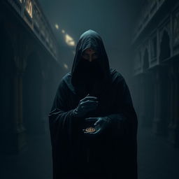 An enigmatic figure cloaked in dark, flowing fabric stands in a shadowy palace court