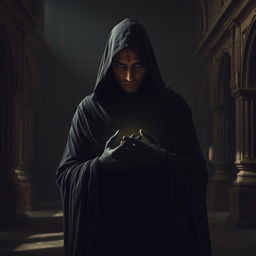 An enigmatic figure cloaked in dark, flowing fabric stands in a shadowy palace court