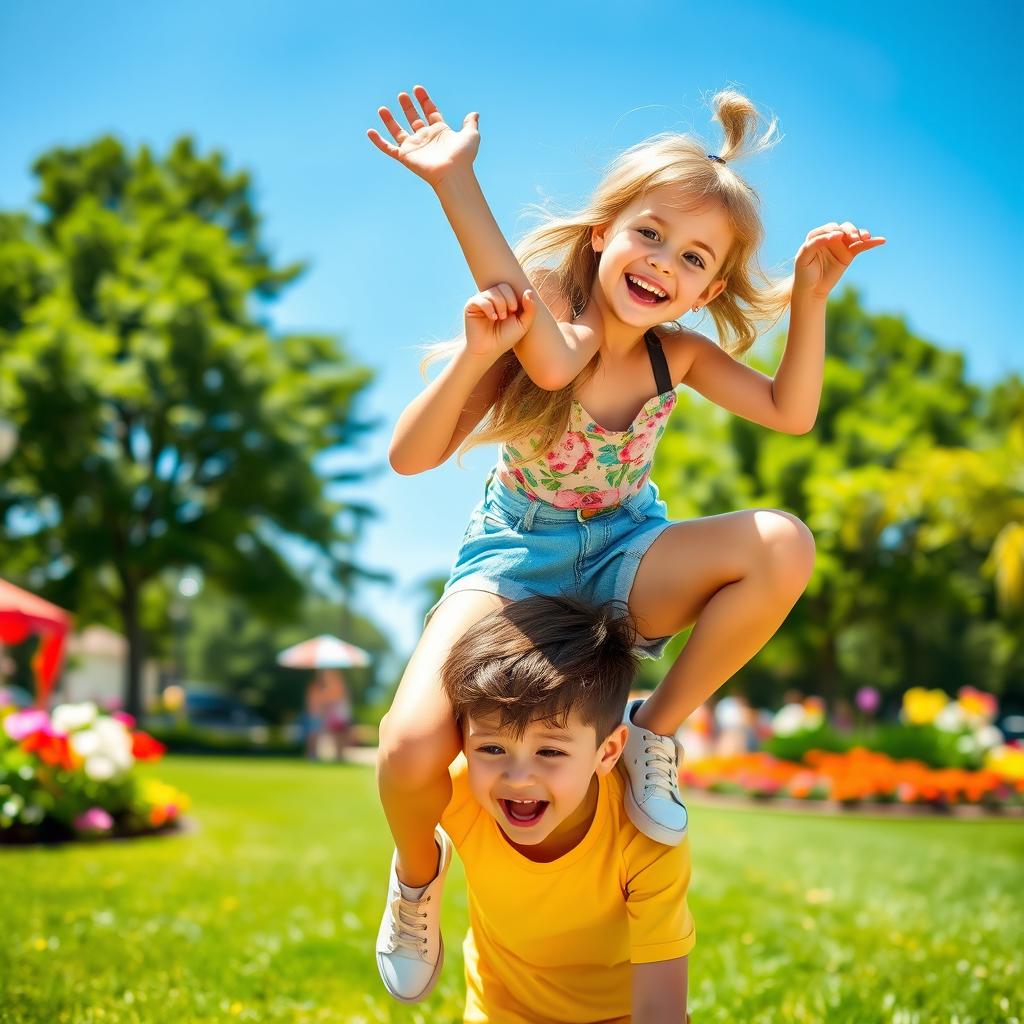 An energetic scene featuring a girl playfully sitting on top of a boy in a lively outdoor park during a sunny day