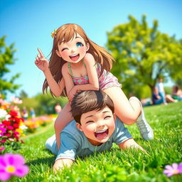 An energetic scene featuring a girl playfully sitting on top of a boy in a lively outdoor park during a sunny day