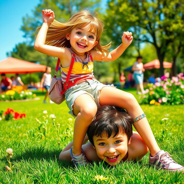 An energetic scene featuring a girl playfully sitting on top of a boy in a lively outdoor park during a sunny day