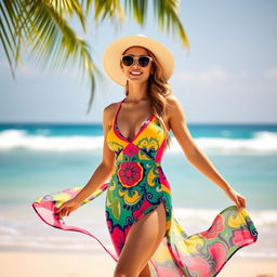 A stunning woman wearing a stylish swim dress, featuring vibrant colors and elegant patterns