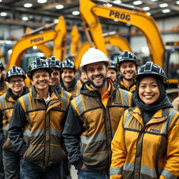 A team of workers wearing black and gold vests and jackets with the word 'PROG' printed on them, some with helmets and others without, are smiling cheerfully