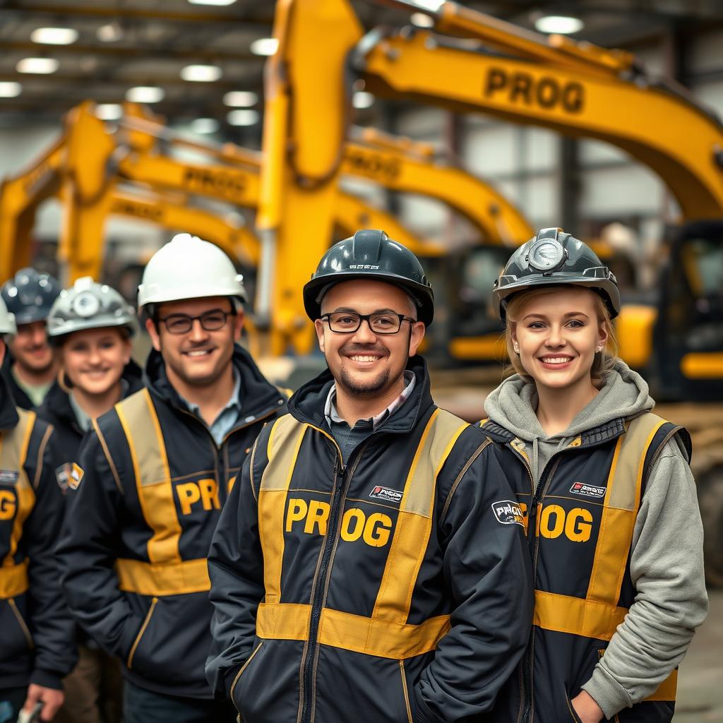 A team of workers wearing black and gold vests and jackets with the word 'PROG' printed on them, some with helmets and others without, are smiling cheerfully