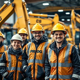 A team of workers wearing black and gold vests and jackets with the word 'PROG' printed on them, some with helmets and others without, are smiling cheerfully