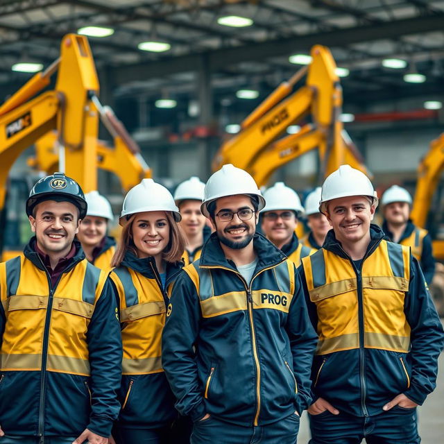 A team of workers wearing black and gold vests and jackets with the word 'PROG' printed on them, some with helmets and others without, are smiling cheerfully