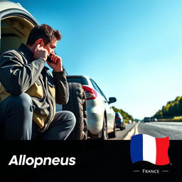 Publicité pour l'entreprise Allopneus en France, montrant des travailleurs en uniforme en train de changer des pneus d'une voiture sur le bord de la route