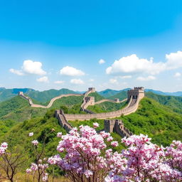 A stunning landscape of the Great Wall of China winding through lush green mountains under a clear blue sky, with sections of the wall beautifully restored and some in ruins, showcasing ancient architecture