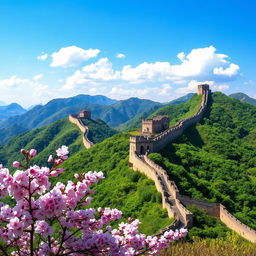 A stunning landscape of the Great Wall of China winding through lush green mountains under a clear blue sky, with sections of the wall beautifully restored and some in ruins, showcasing ancient architecture