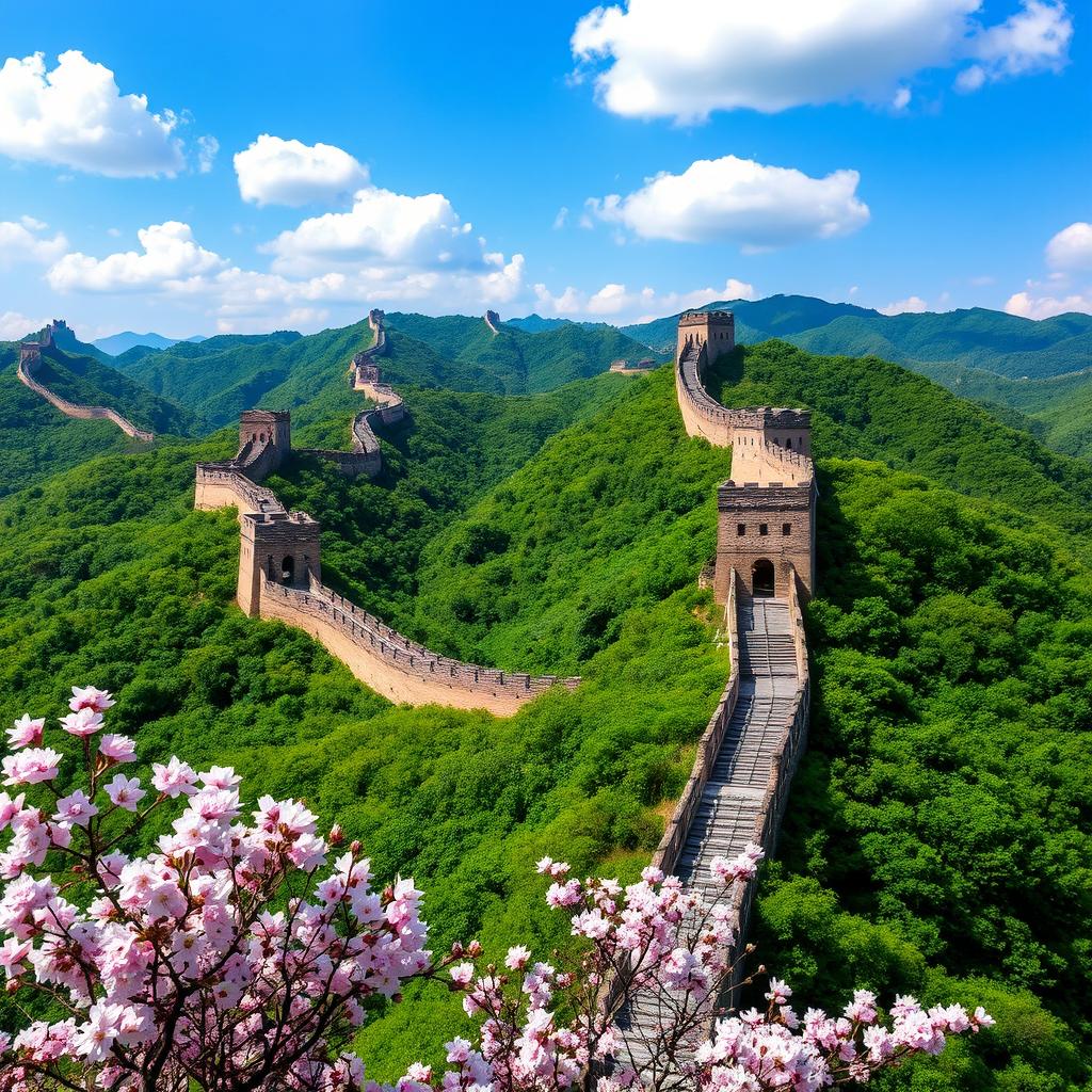 A stunning landscape of the Great Wall of China winding through lush green mountains under a clear blue sky, with sections of the wall beautifully restored and some in ruins, showcasing ancient architecture