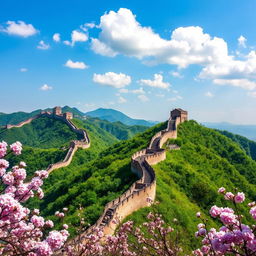 A stunning landscape of the Great Wall of China winding through lush green mountains under a clear blue sky, with sections of the wall beautifully restored and some in ruins, showcasing ancient architecture