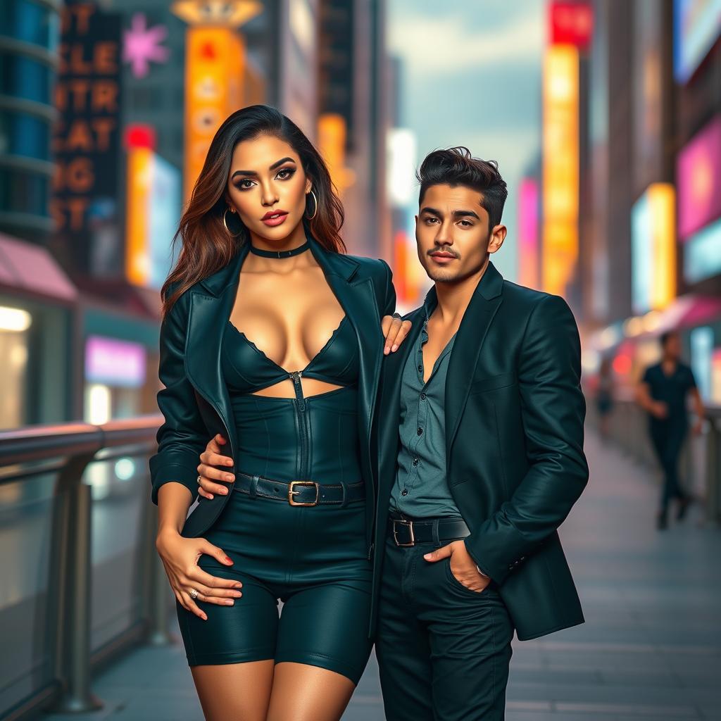 A captivating scene featuring a sexy, hot girl standing confidently beside a handsome boy in a stylish urban setting