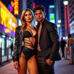 A captivating scene featuring a sexy, hot girl standing confidently beside a handsome boy in a stylish urban setting