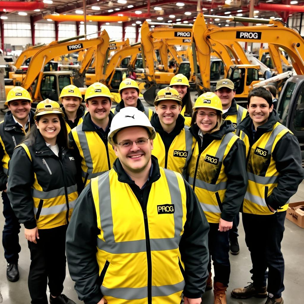 A team of workers wearing black and gold vests and jackets marked with 'PROG', smiling happily, some with safety helmets and others without