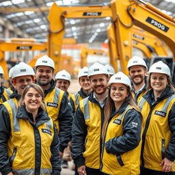 A team of workers wearing black and gold vests and jackets marked with 'PROG', smiling happily, some with safety helmets and others without