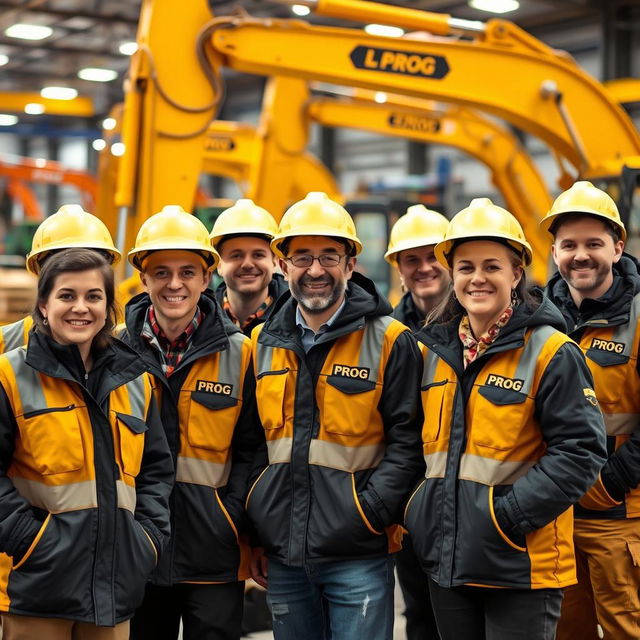 A team of workers wearing black and gold vests and jackets marked with 'PROG', smiling happily, some with safety helmets and others without