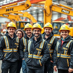 A team of workers wearing black and gold vests and jackets marked with 'PROG', smiling happily, some with safety helmets and others without