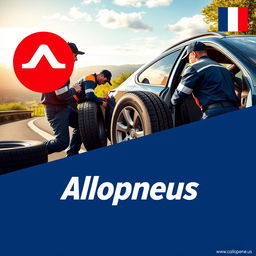 A vibrant advertising poster for the company 'Allopneus', showcasing a scene where workers wearing uniforms are actively changing tires on a car by the roadside