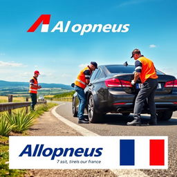 A vibrant advertising poster for the company 'Allopneus', showcasing a scene where workers wearing uniforms are actively changing tires on a car by the roadside