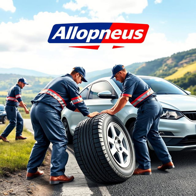 A vibrant advertising poster for the company 'Allopneus', showcasing a scene where workers wearing uniforms are actively changing tires on a car by the roadside