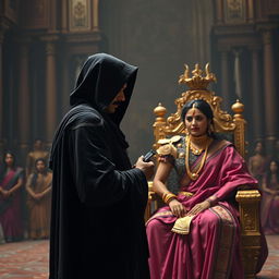 A mysterious figure with a deep red tilak, cloaked in dark fabric with a hood obscuring their face, stands holding a small intricate object in a shadowy court