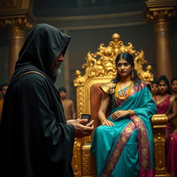 A mysterious figure with a deep red tilak, cloaked in dark fabric with a hood obscuring their face, stands holding a small intricate object in a shadowy court