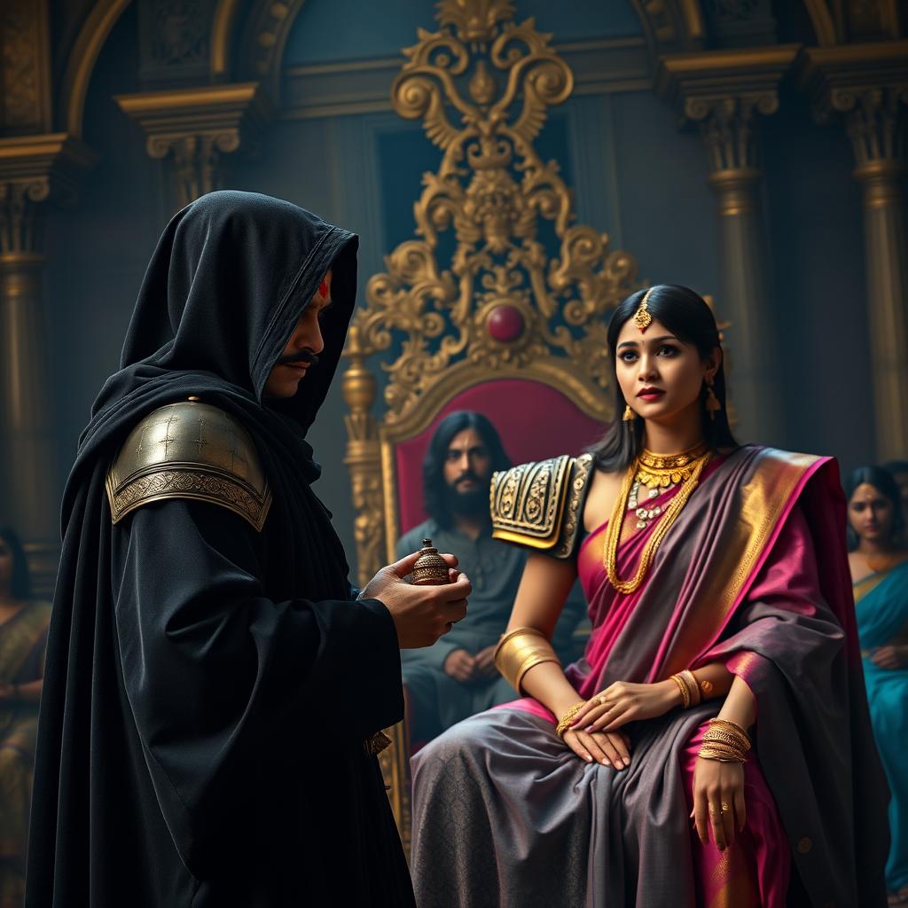 A mysterious figure with a deep red tilak, cloaked in dark fabric with a hood obscuring their face, stands holding a small intricate object in a shadowy court