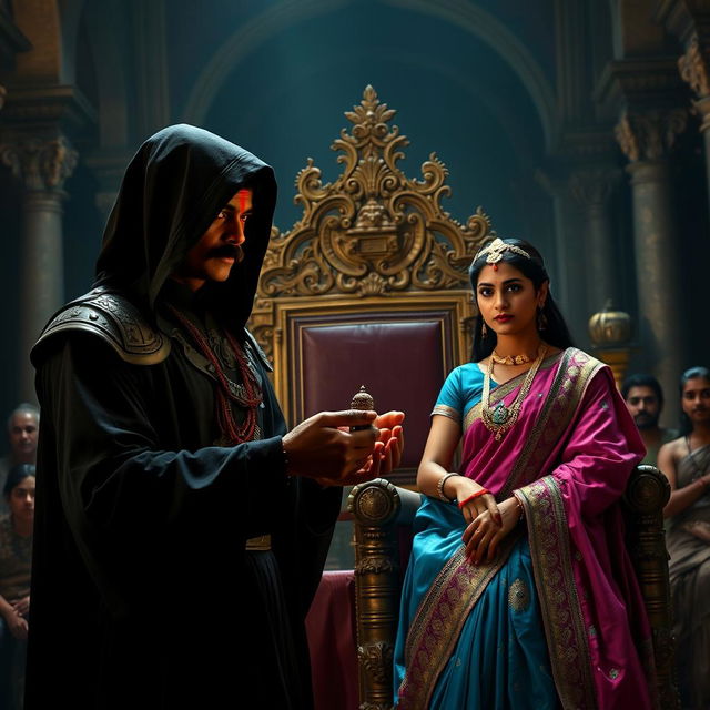 A mysterious figure with a deep red tilak, cloaked in dark fabric with a hood obscuring their face, stands holding a small intricate object in a shadowy court