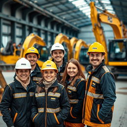 A team of workers wearing black and gold vests and coats marked with 'PROG', some donning white and gold helmets while others are without helmets, are smiling joyfully