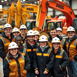 A team of workers wearing black and gold vests and coats marked with 'PROG', some donning white and gold helmets while others are without helmets, are smiling joyfully