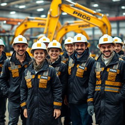 A team of workers wearing black and gold vests and coats marked with 'PROG', some donning white and gold helmets while others are without helmets, are smiling joyfully