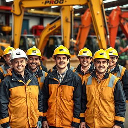 A team of workers wearing black and gold vests and coats marked with 'PROG', some donning white and gold helmets while others are without helmets, are smiling joyfully