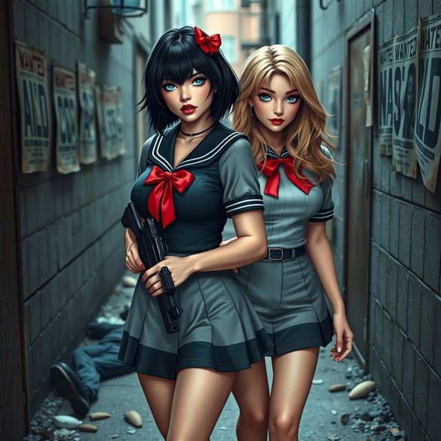 A highly detailed photographic image featuring a sexy, beautiful, curvy 25-year-old woman with medium messy black hair adorned with a red bow and captivating crystal blue eyes